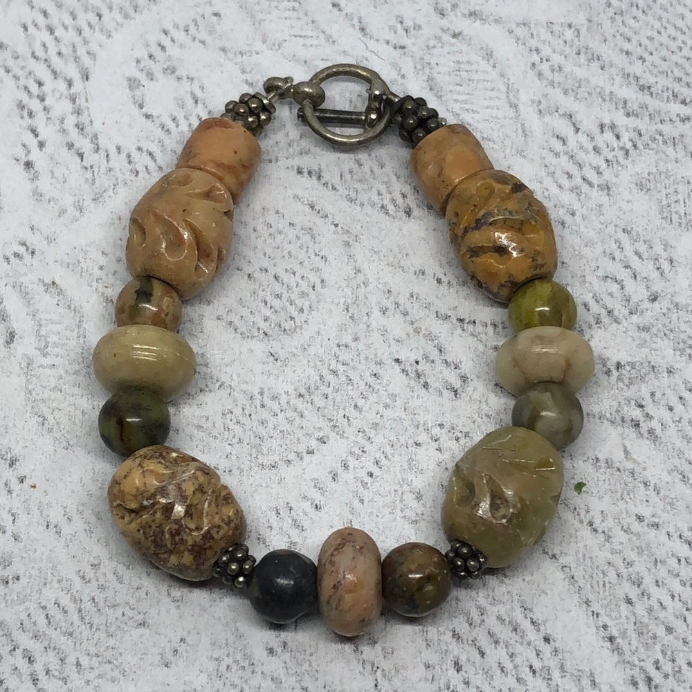 𝅺Artisan made handcrafted natural carved semi chunky stone statement bracelet.